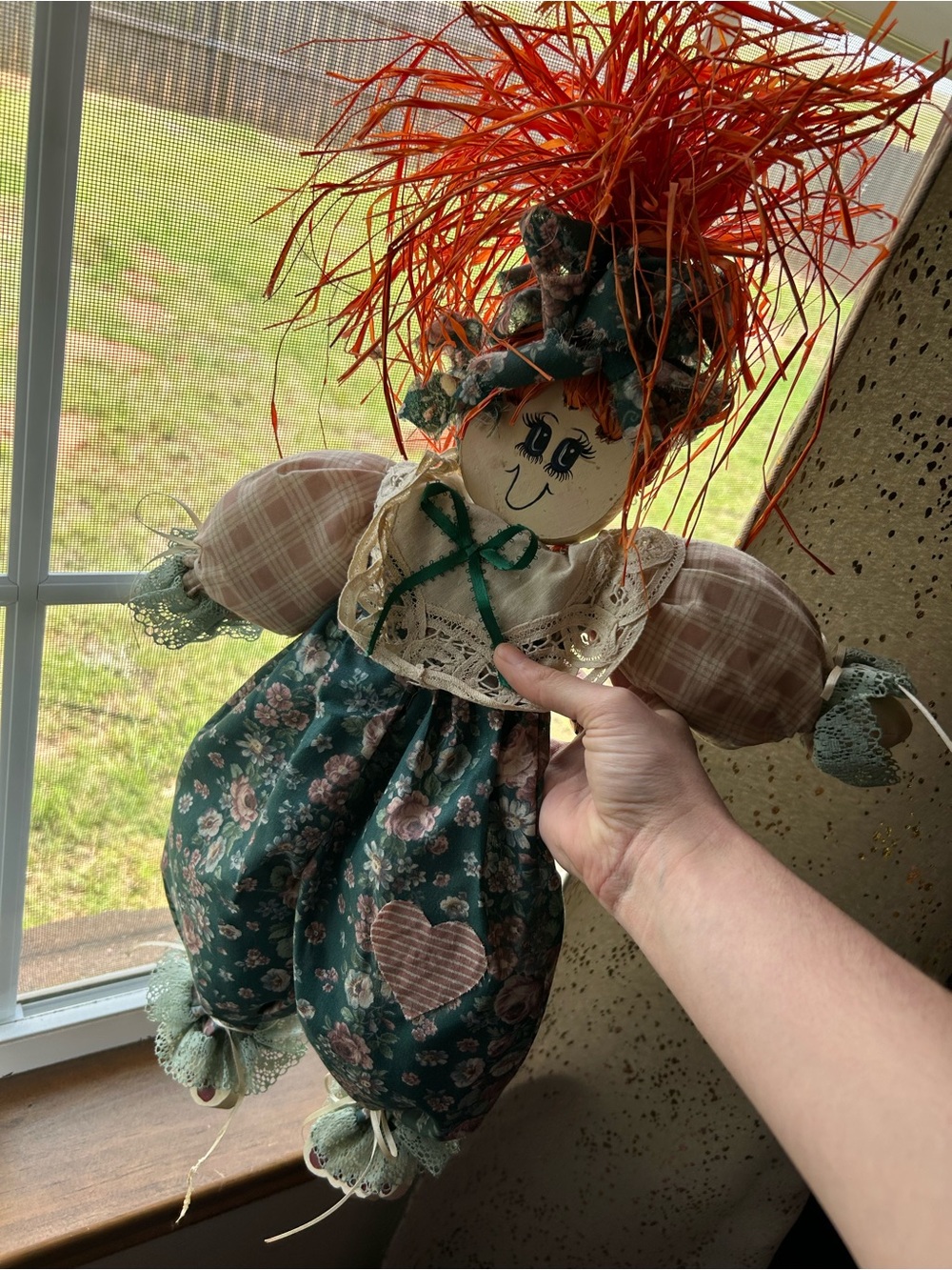 Handmade Country Rag Doll with Floral Jumpsuit and Orange Raffia Hair